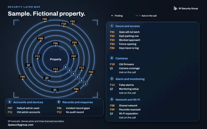 Security layer map from the sample survey report: 13 findings and three open questions pinned to six layers of a fictional property.